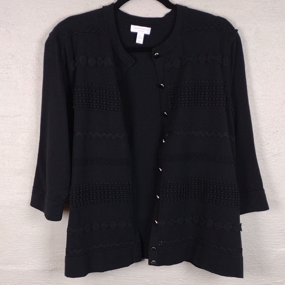 Charter Club Woman Black Crochet Textured Short Sleeve Button Up Cardigan Top - Picture 5 of 14